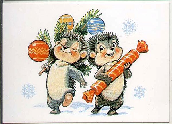 Новогодние открытки с зайцем и ежиком