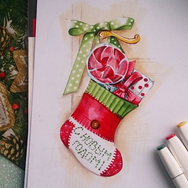 Новогодний носок маркерами