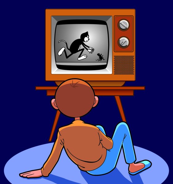Человек перед телевизором мультяшный