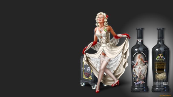 Девушка в платье с бутылкой