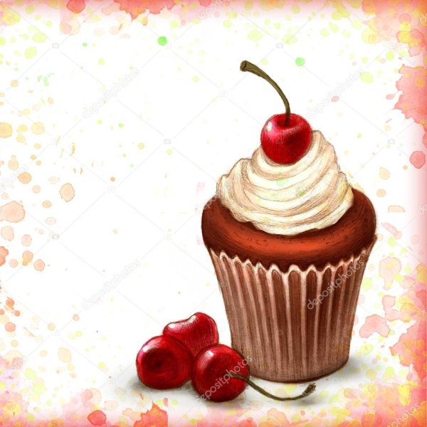 Капкейк шоколадный с вишней Акварельная картинка