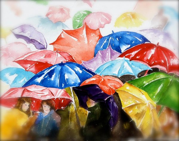 Разноцветные зонтики живопись