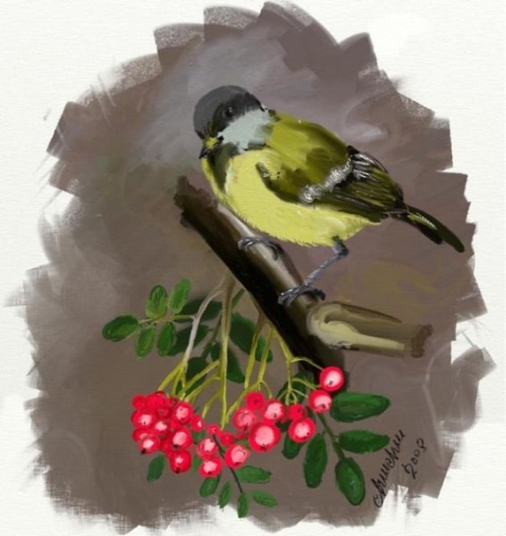 Синичка на ветке рябины