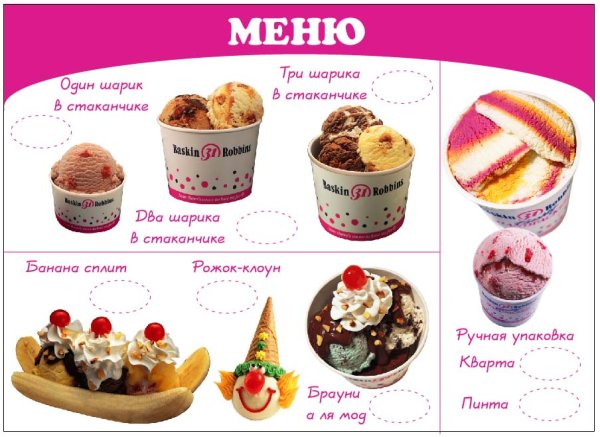 Меню мороженого в кафе