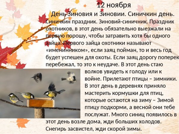 Зиновий и Зиновия Синичкин день 12 ноября