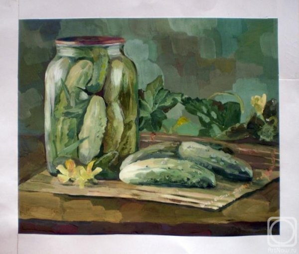 Банка с огурцами акварелью