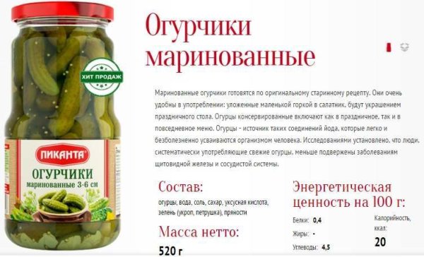 Калорий в маринованных огурцах
