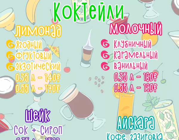 Меню молочных коктейлей в кафе