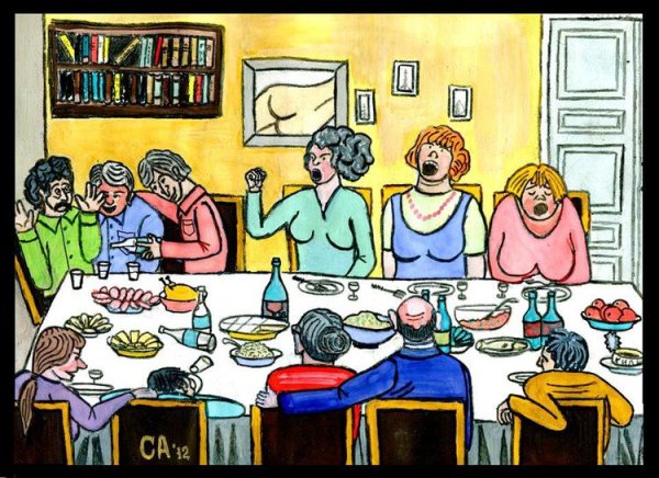 За столом карикатура