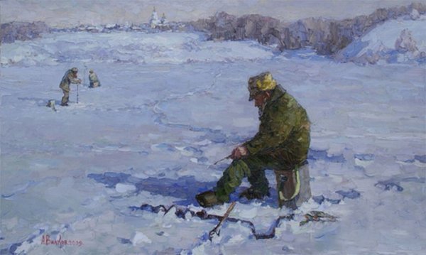 Рыбаки зимой живопись