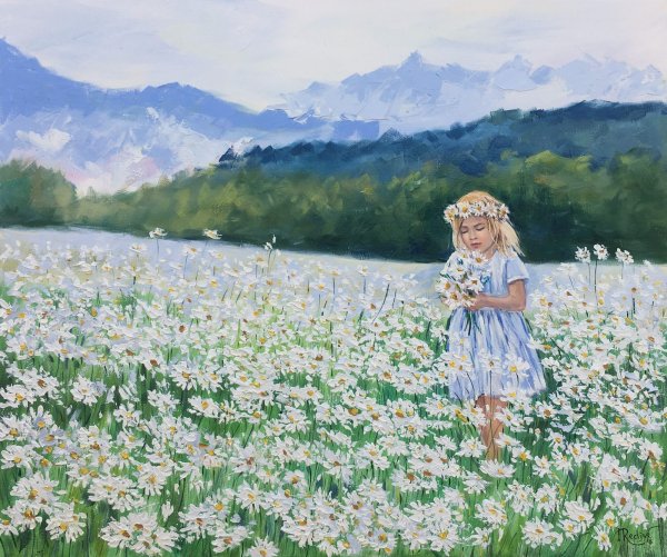 Картина девочка с ромашками