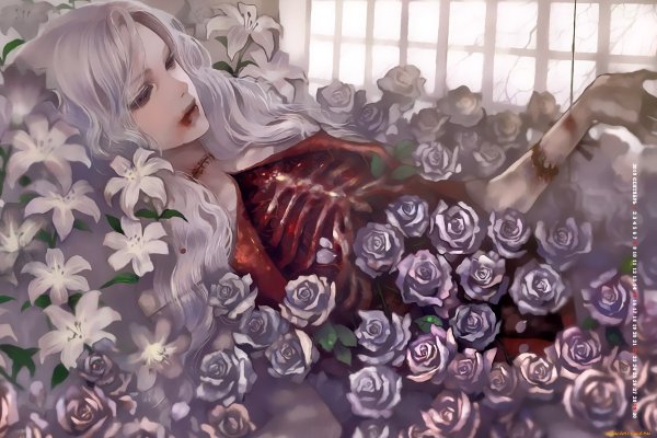 Аниме девушка лежит в розах