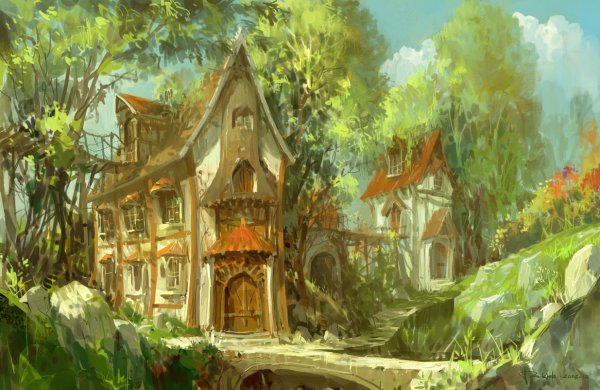 Особняк фэнтези арт Эльфийский Лесной город