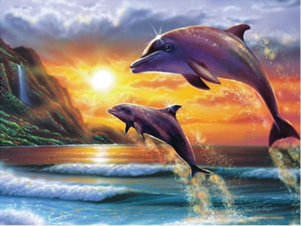 Морской пейзаж с дельфинами