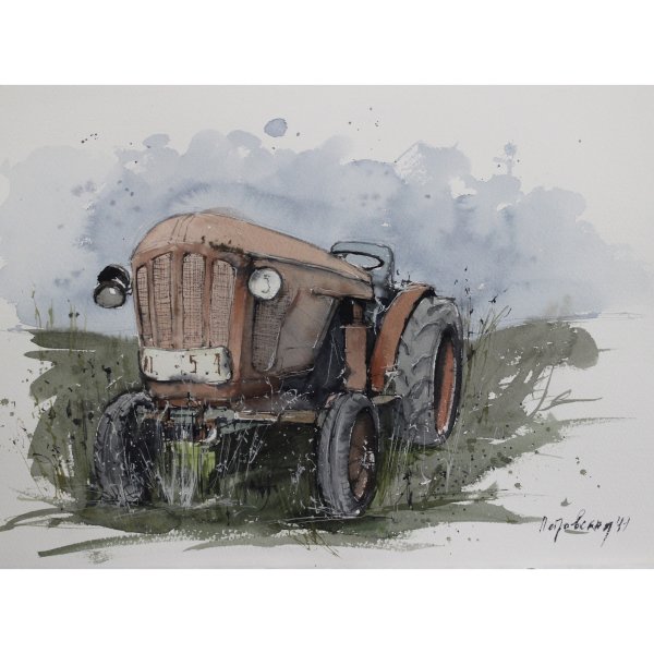 Старый трактор живопись