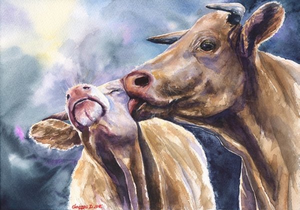 Корова акварелью