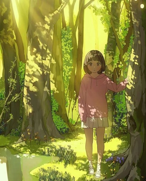 Аниме девушка в лесу