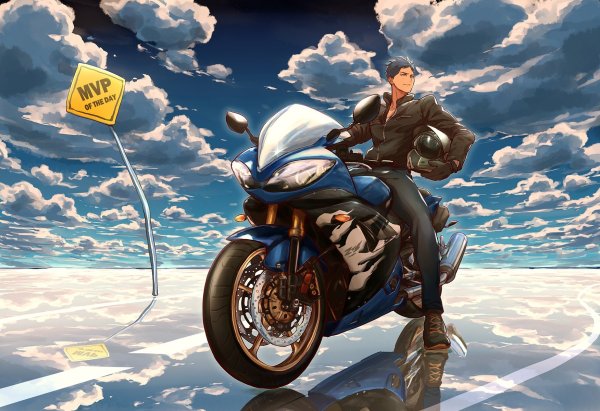 Аниме парень на мотоцикле