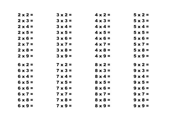 Таблица умножения на 2 и 3 без ответов