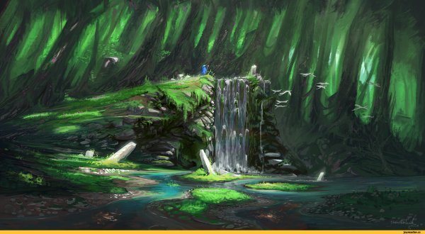 Лес водопад река арт