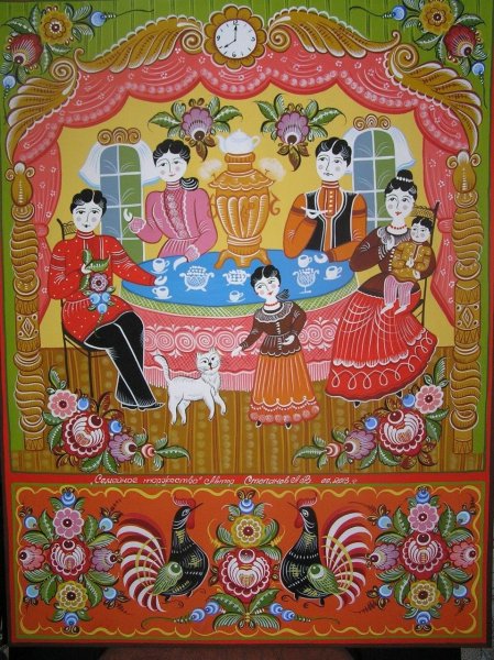 Городецкая роспись сюжет чаепития