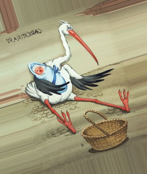 Смешной Аист с ребенком