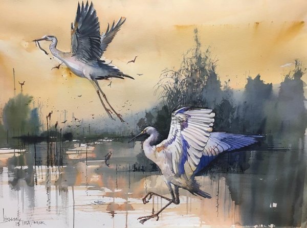 Журавль акварель