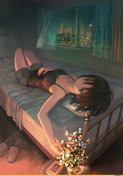 Аниме девушка спит на кровати