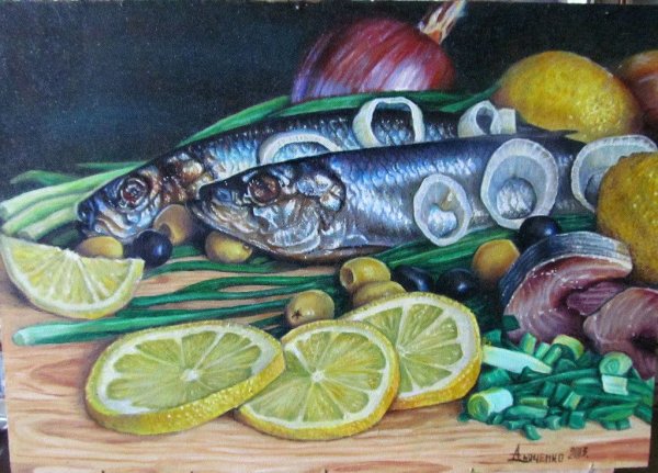 Натюрморт с селедкой живопись