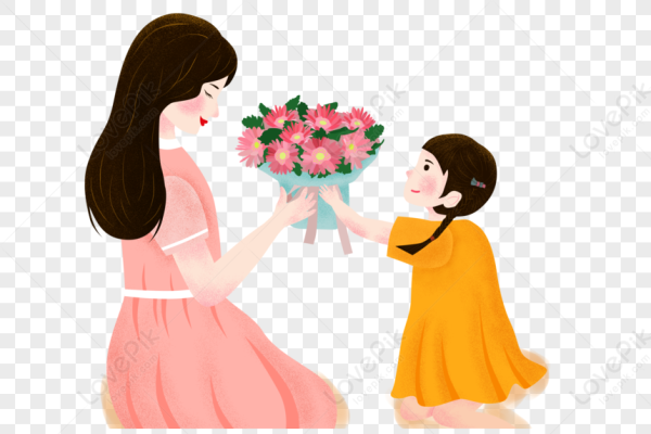 Девочка дарит цветы маме