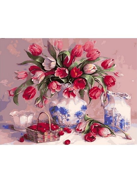 Картина по номерам GX 5418 тюльпаны и вишни 40*50