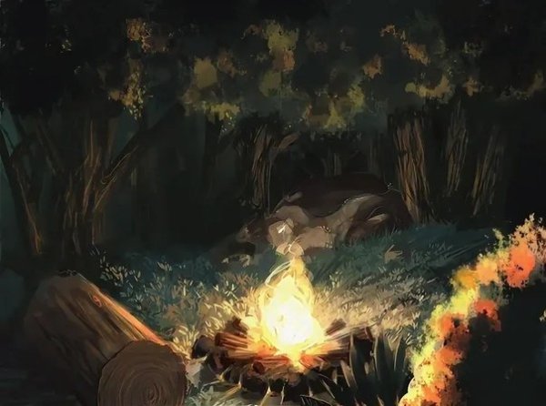 Ночной лес с костром арт
