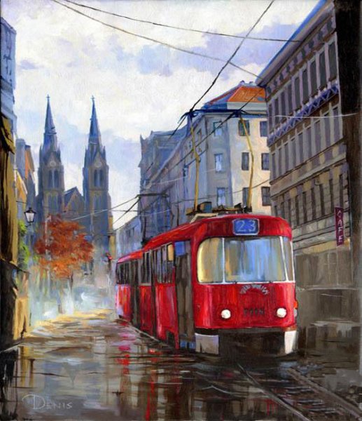 Городской пейзаж с трамваем