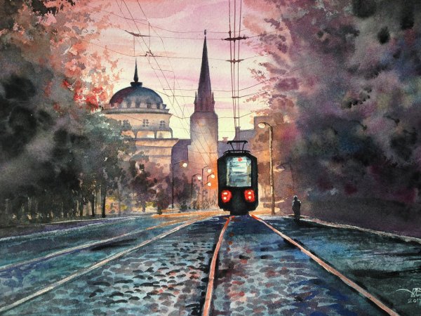 Ночной трамвай акварель