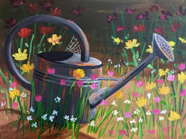 Лейка с цветами живопись