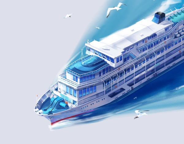 Пассажирский теплоход на белом фоне