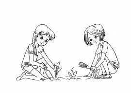 Раскраска мальчик и девочка сажают растение