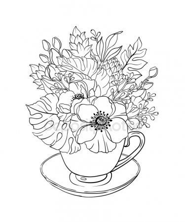 Чашка с цветами раскраска