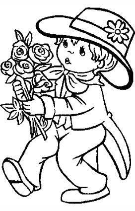 Мальчик с букетом цветов раскраска