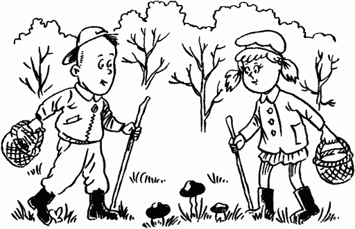 Дети собирают грибы раскраска