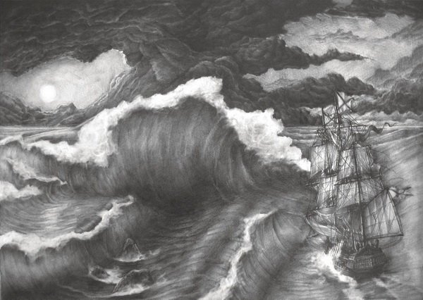 Шторм на море карандашом