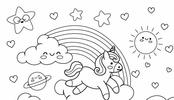 Раскраска Единорожка с солнышком и облачком