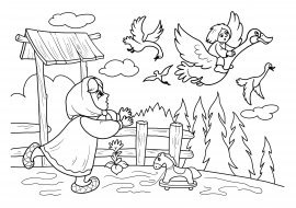 Раскраска по сказке гуси лебеди для детей