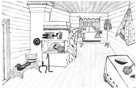 Эскиз внутреннего убранства русской избы