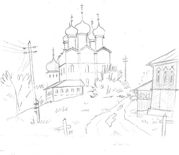 Рисунок дорога к храму карандашом