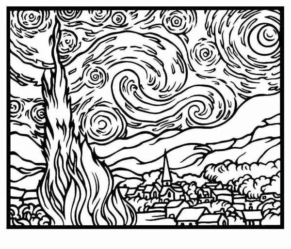 Звездная ночь Ван Гога раскраска