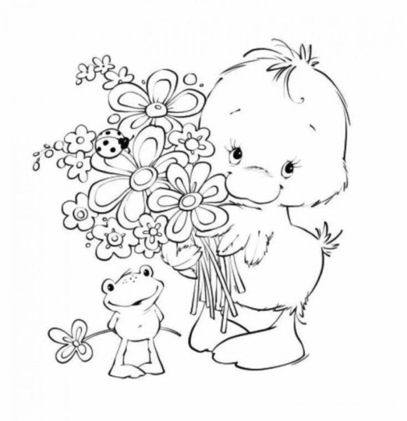 Мишка с цветами раскраска