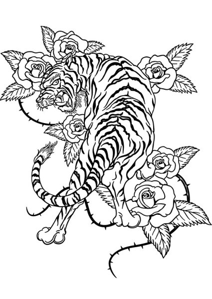Тигр с цветами эскиз