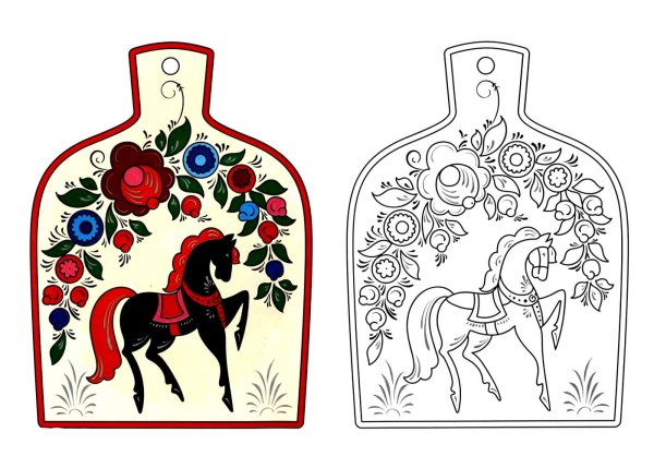 Рис. "Разделочная доска" Городецкая роспись