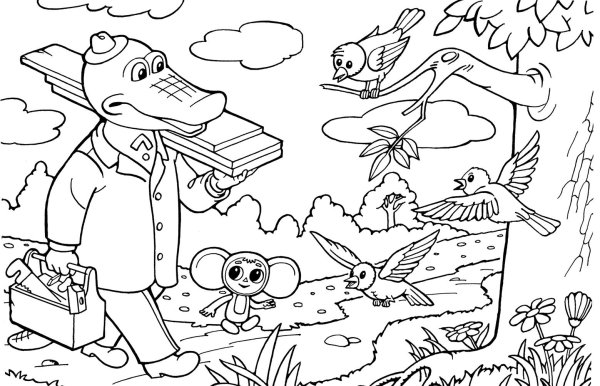 Раскраска Чебурашка Гена и Шапокляк